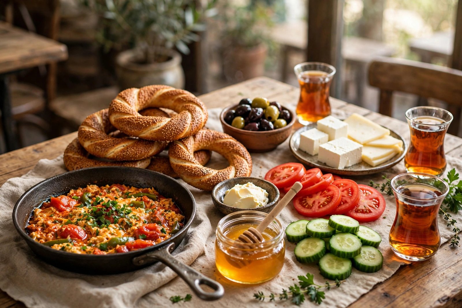 A Thousand Tales menu — traditional Turkish breakfast spread with simit and menemen