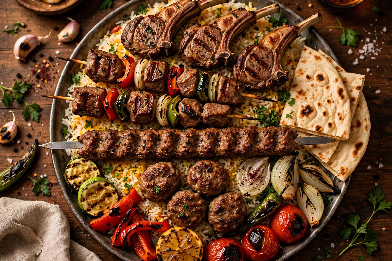 A Thousand Tales menu — Turkish mixed grill kebab platter with lamb chops and shish