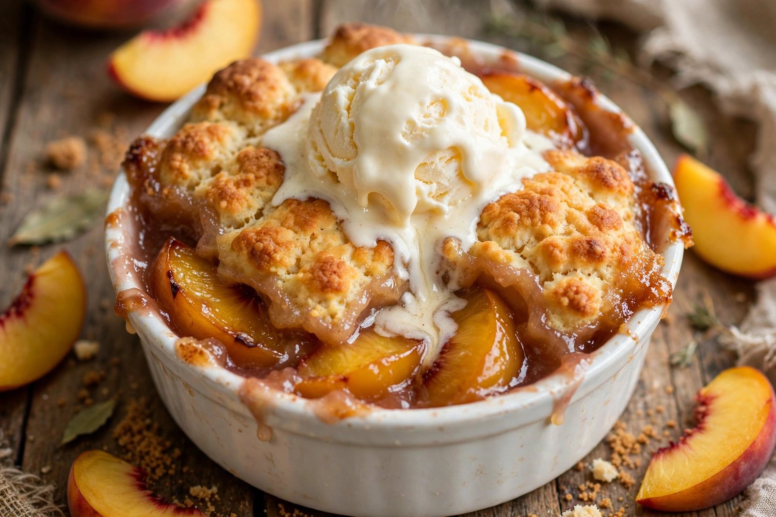 Warm peach cobbler dessert at Annie Laura's Kitchen Riverdale GA