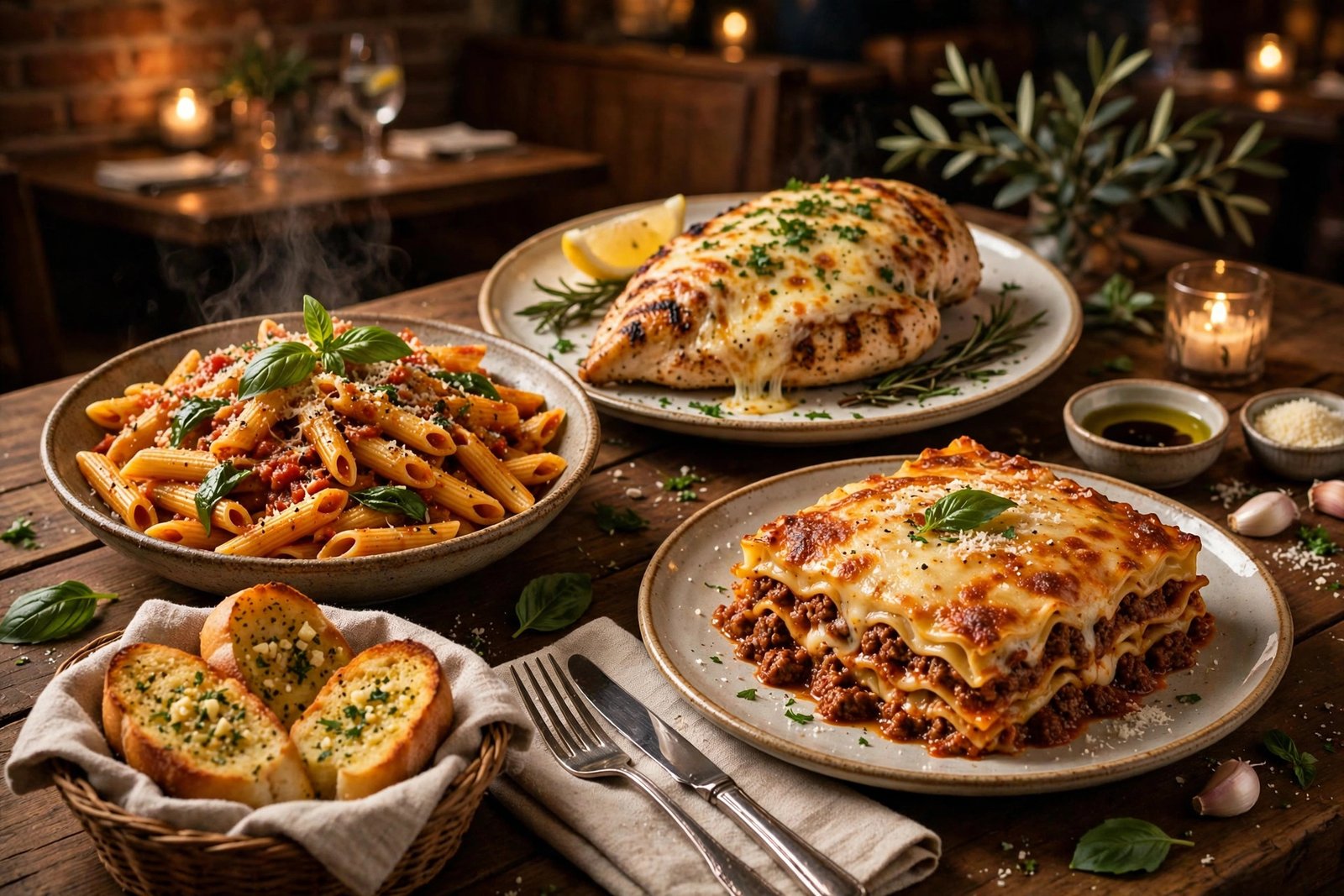 Best thing to eat at Carrabba's — grilled chicken with melted cheese, pasta, lasagne, and garlic bread