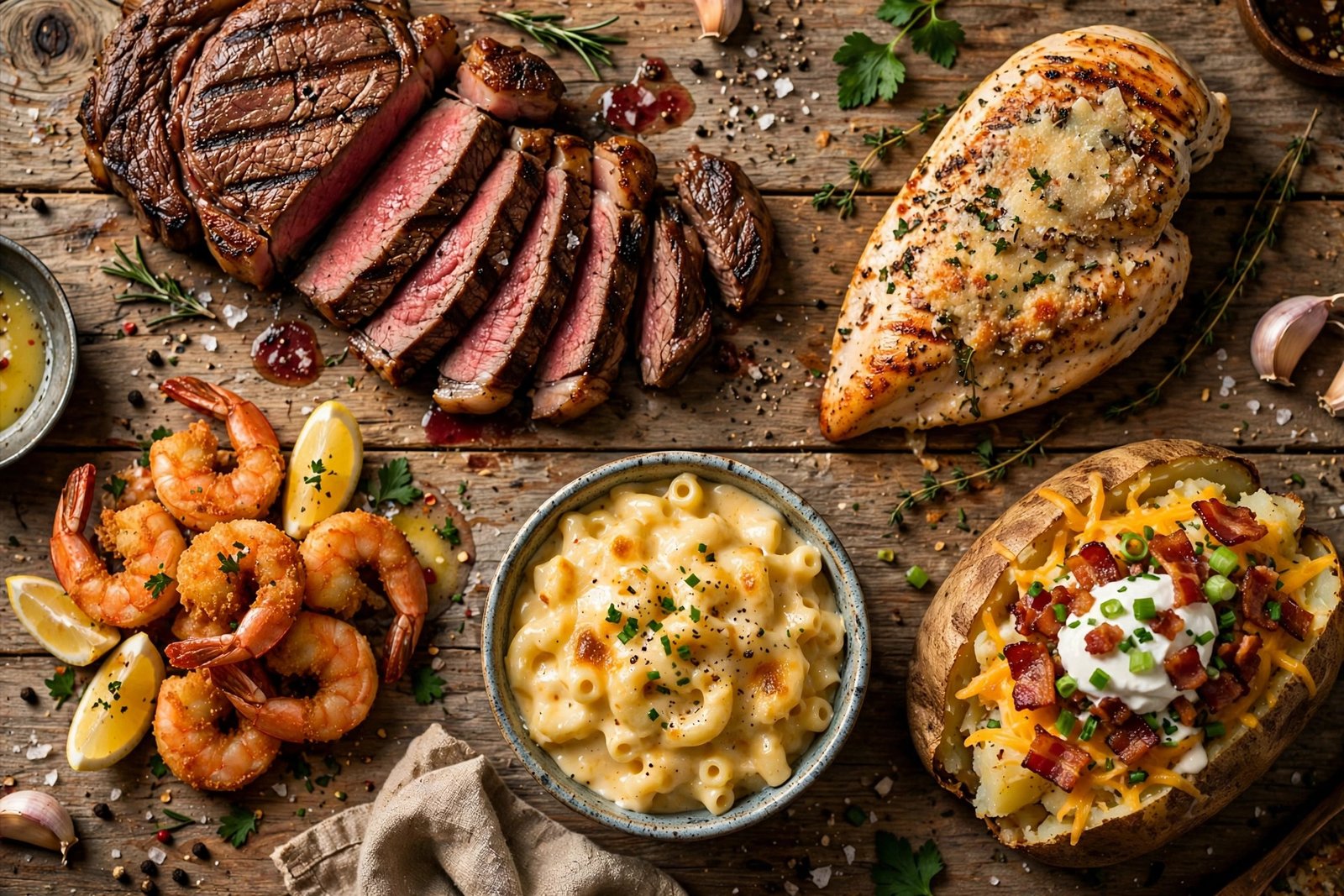 Best thing to eat at LongHorn Steakhouse — grilled steak, chicken, shrimp and sides spread