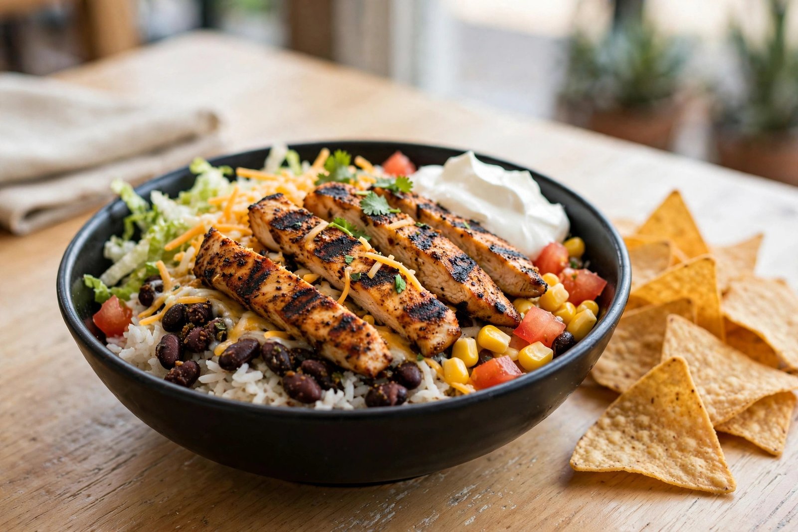 Burrito Beach menu with prices 2026 — chicken burrito bowl with rice, beans and chips