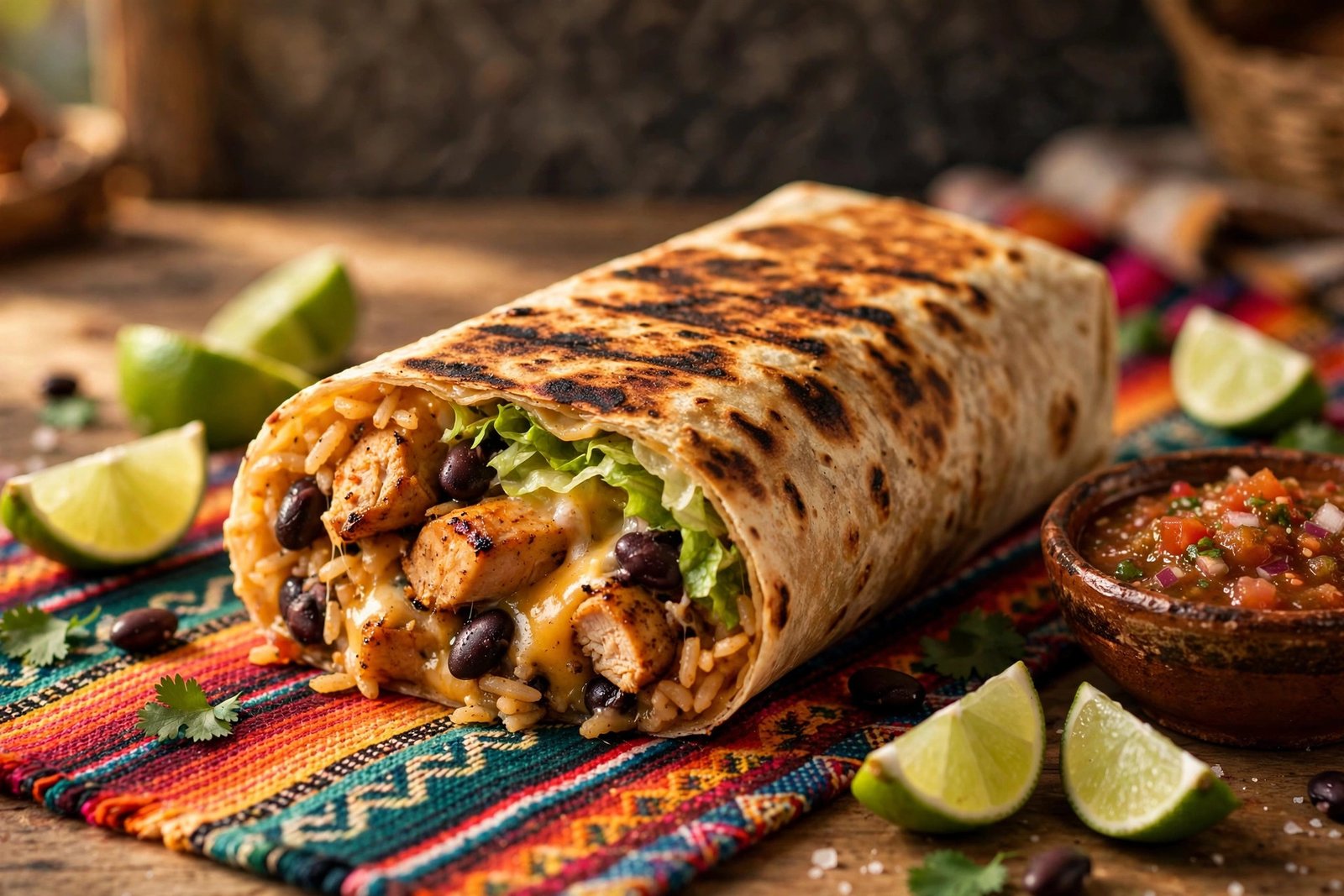 Burrito Beach menu with prices 2026 — grilled toasted chicken burrito with lime and salsa