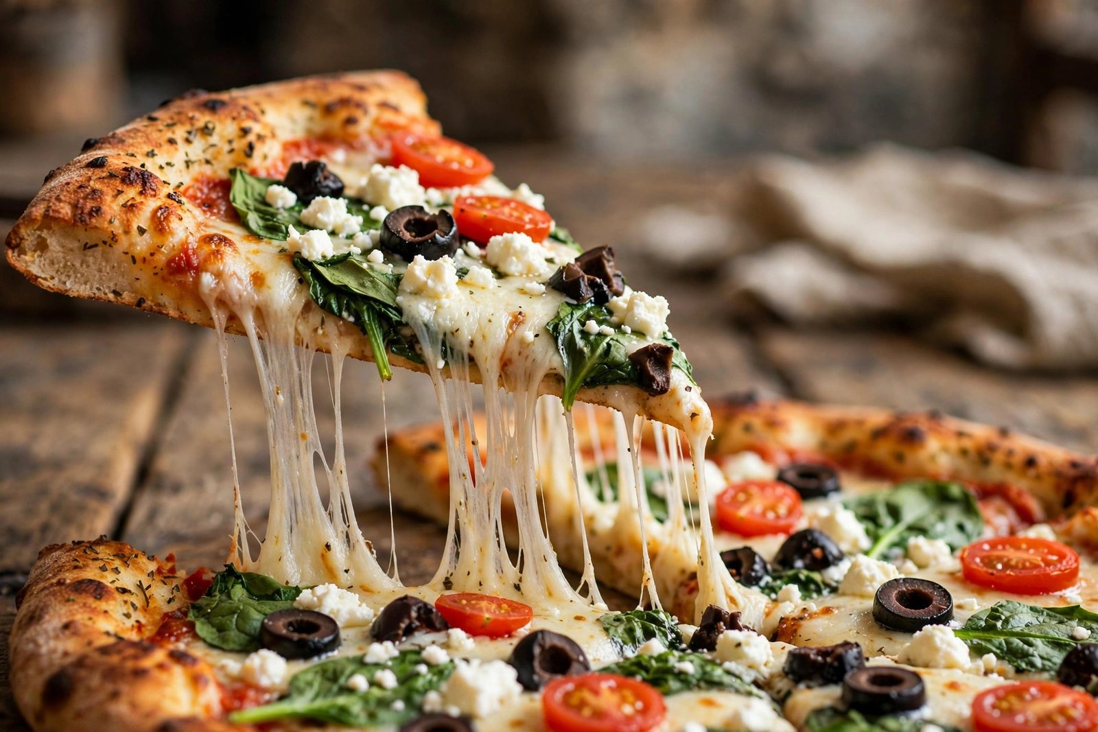 Buzzards Bay House of Pizza menu — Greek pizza slice with cheese pull