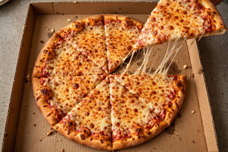 How many carbs are in Costco pizza — giant cheese pizza slice with cheese pull
