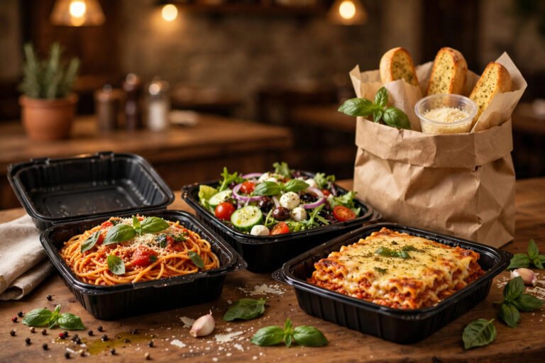 Carrabba's take home meal deal — Italian takeout containers, salad, lasagne, and takeout bag