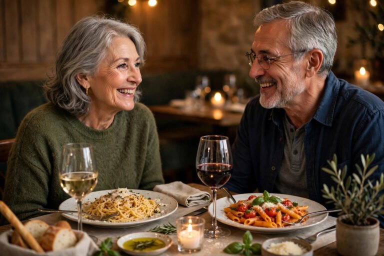 Does Carrabba's do senior discounts — senior couple enjoying an Italian pasta dinner