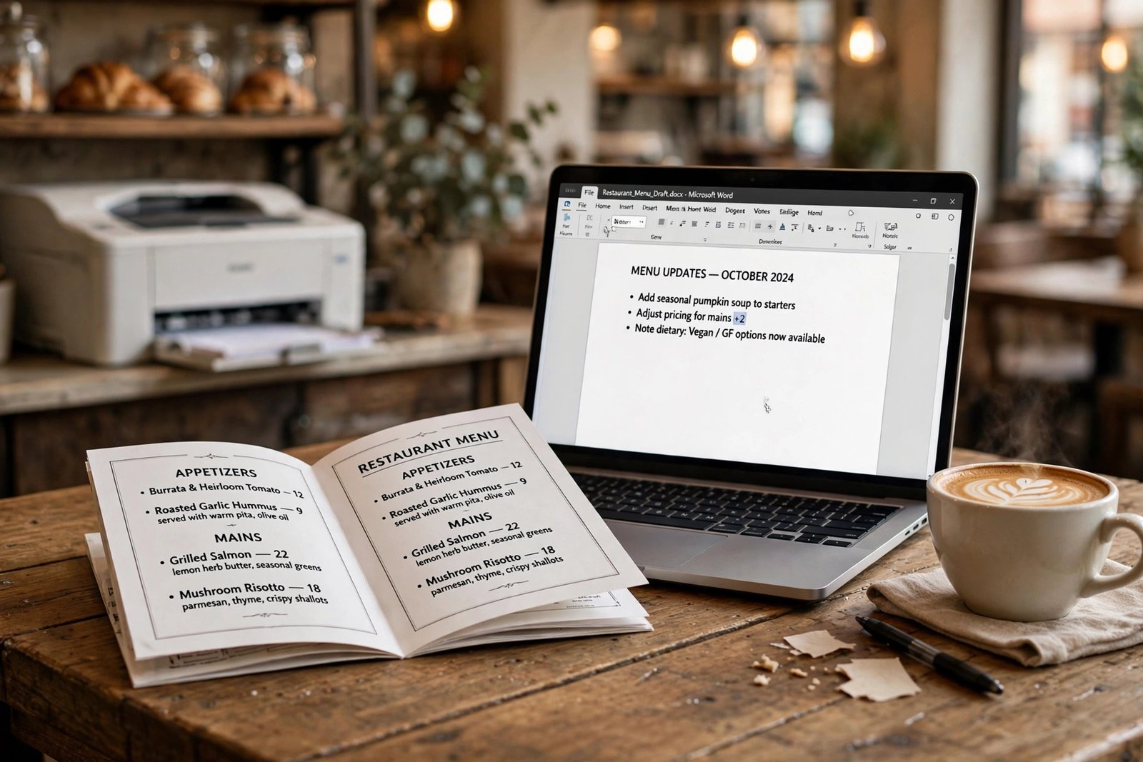 Domino's menu PDF — printed menu pages and a laptop showing a PDF document