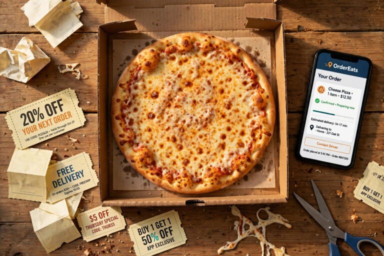 Domino's specials today — pizza box with coupon slips and a phone showing current offers