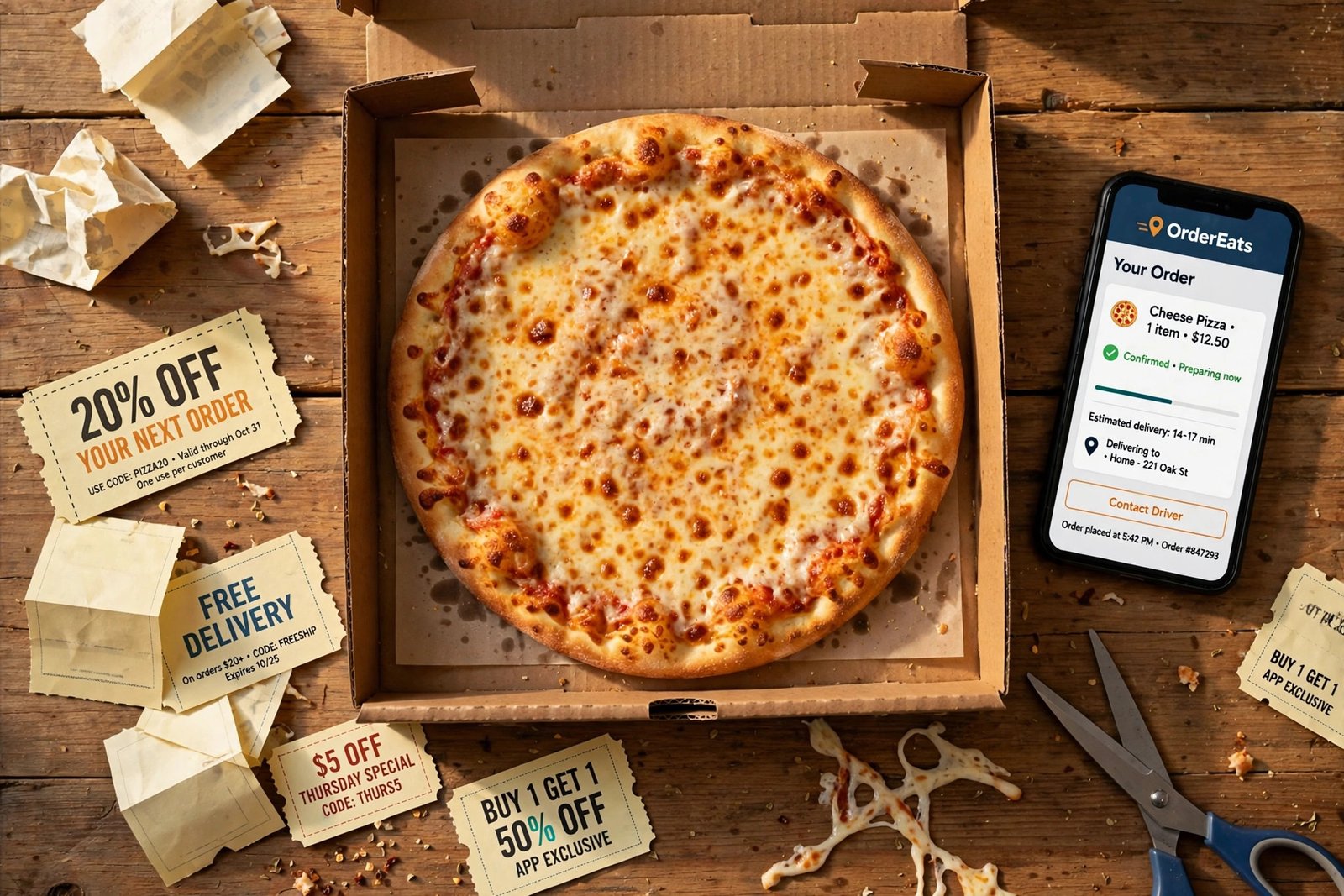 Domino's specials today — pizza box with coupon slips and a phone showing current offers