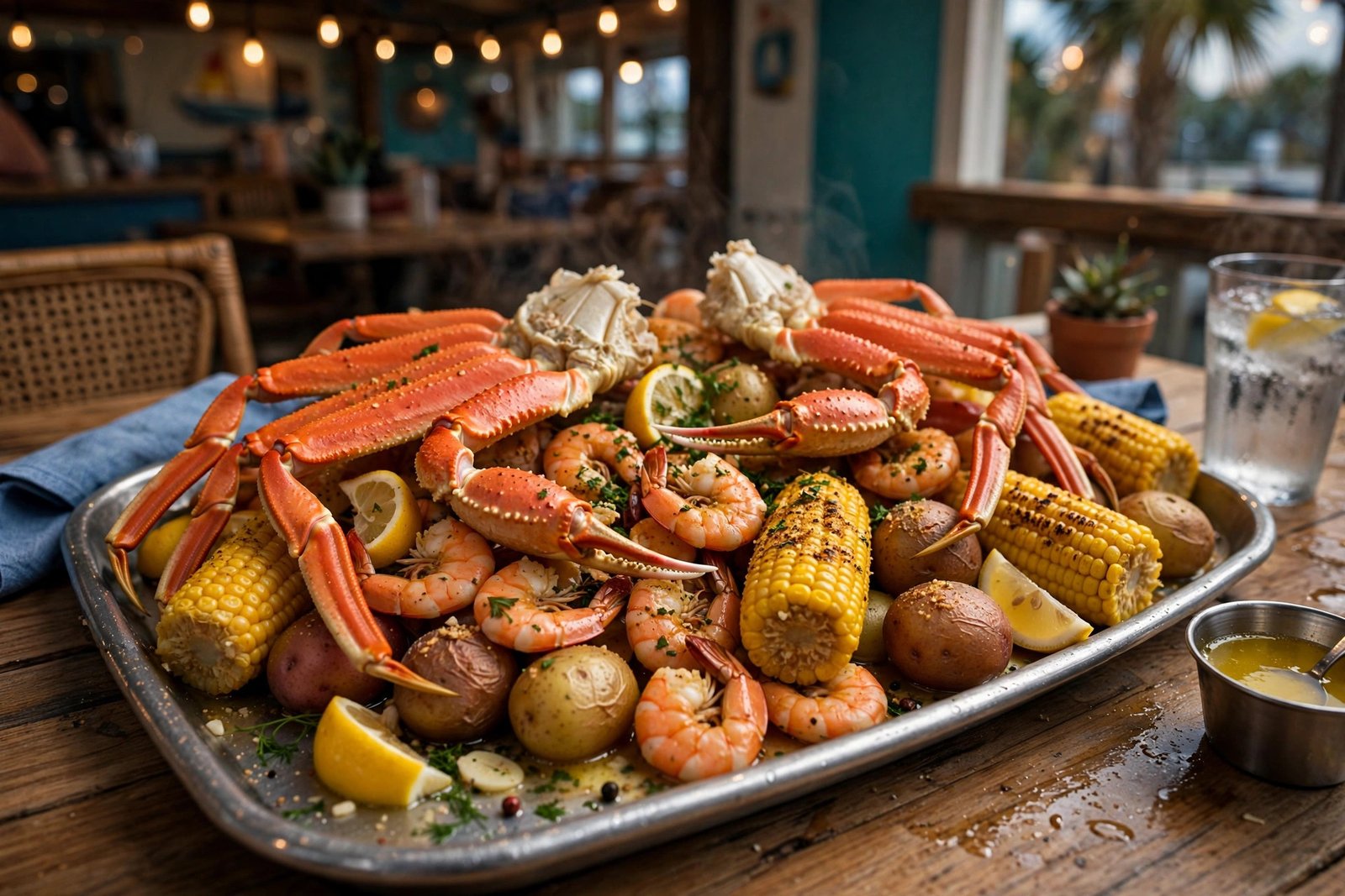 High Tide Harry's menu with prices — seafood platter with crab legs, shrimp, corn and potatoes in Orlando