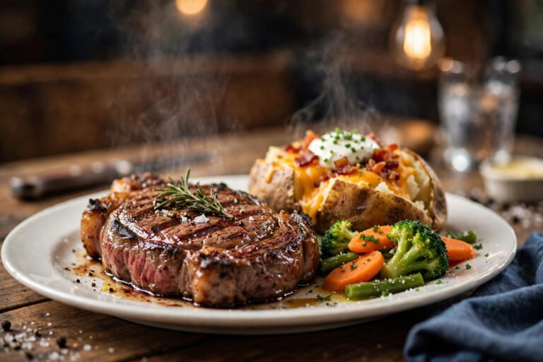 How much is a steak dinner at LongHorn 2026 — grilled ribeye steak dinner with loaded baked potato and vegetables
