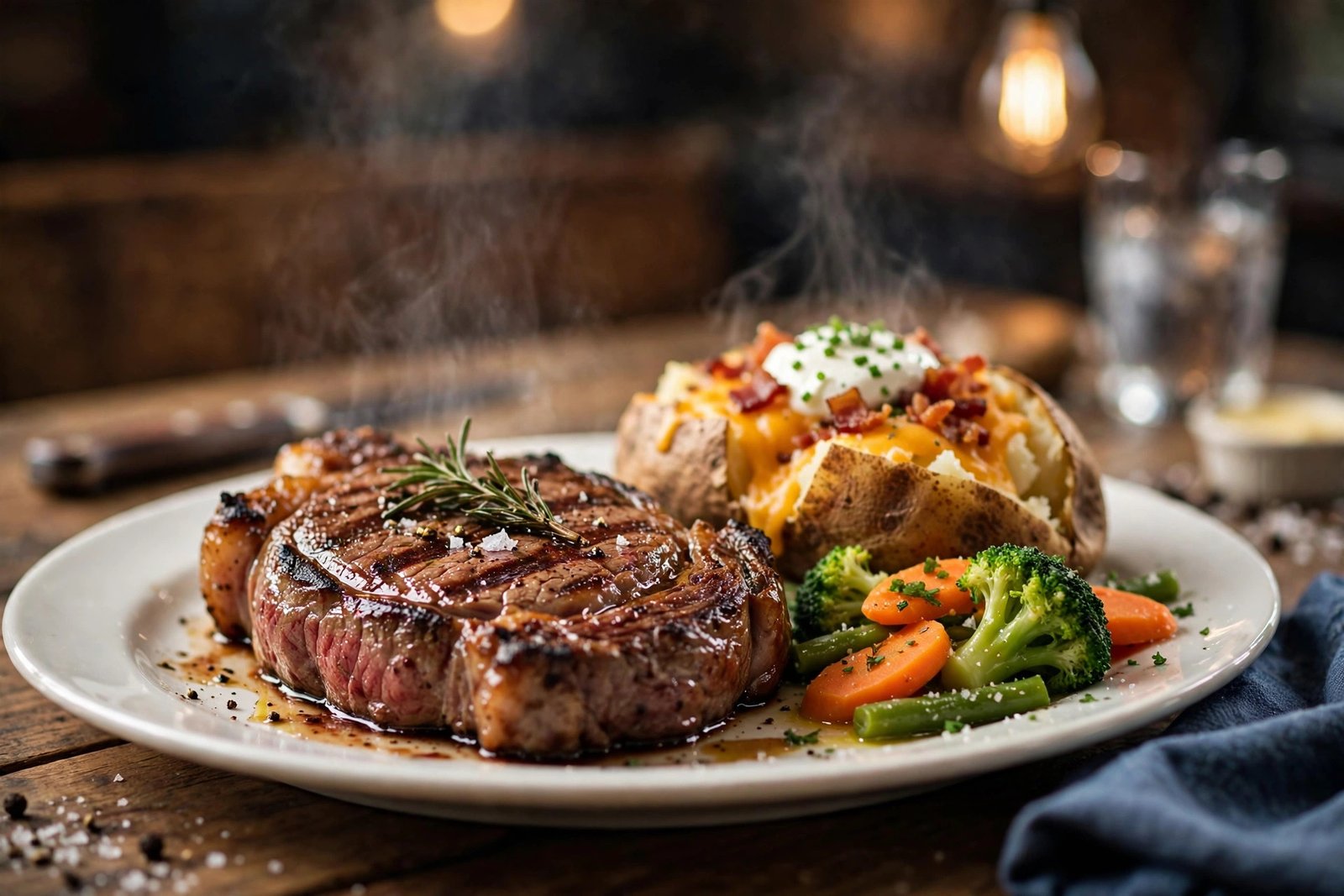 How much is a steak dinner at LongHorn 2026 — grilled ribeye steak dinner with loaded baked potato and vegetables