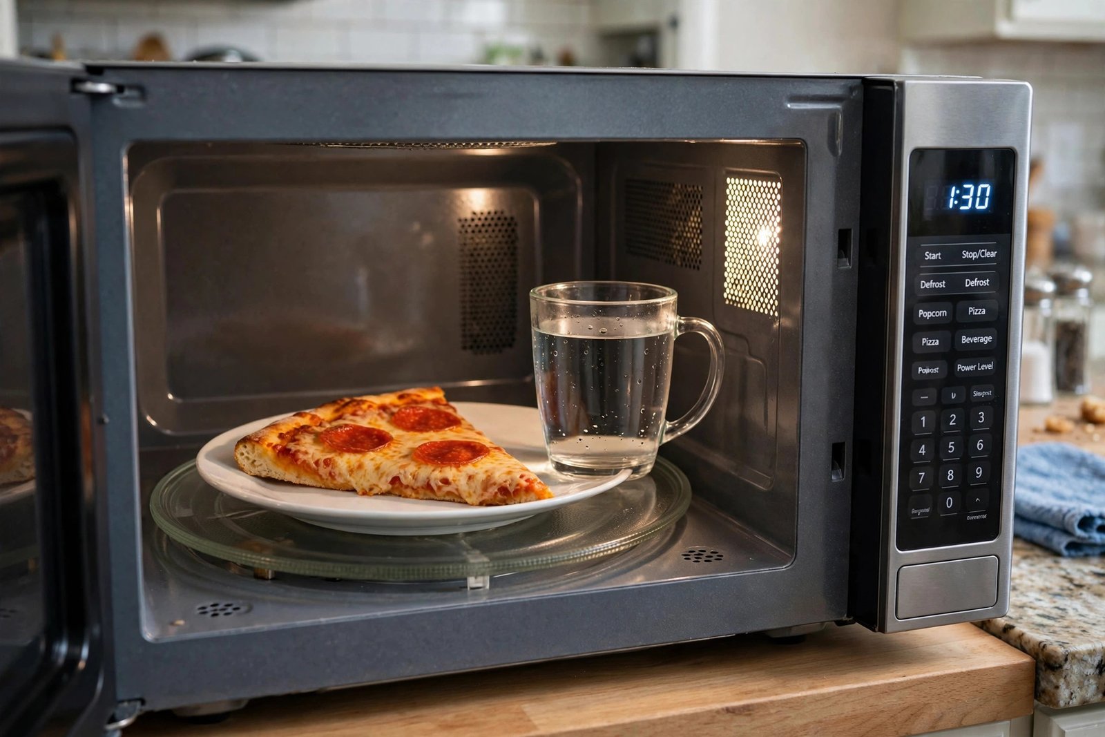 how to reheat pizza in microwave 2026 with water cup trick