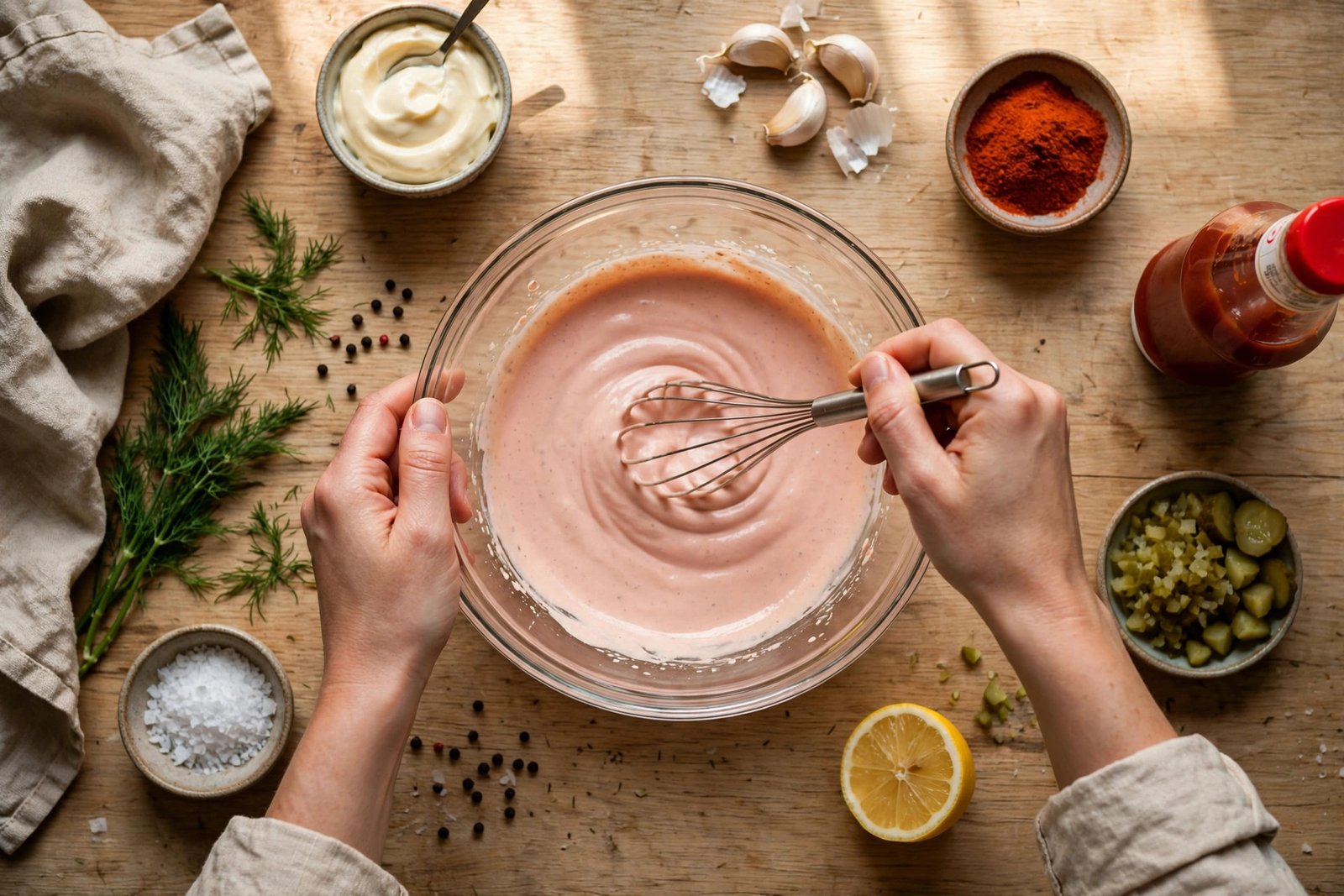 Copycat In-N-Out sauce recipe - whisking spread ingredients in a bowl