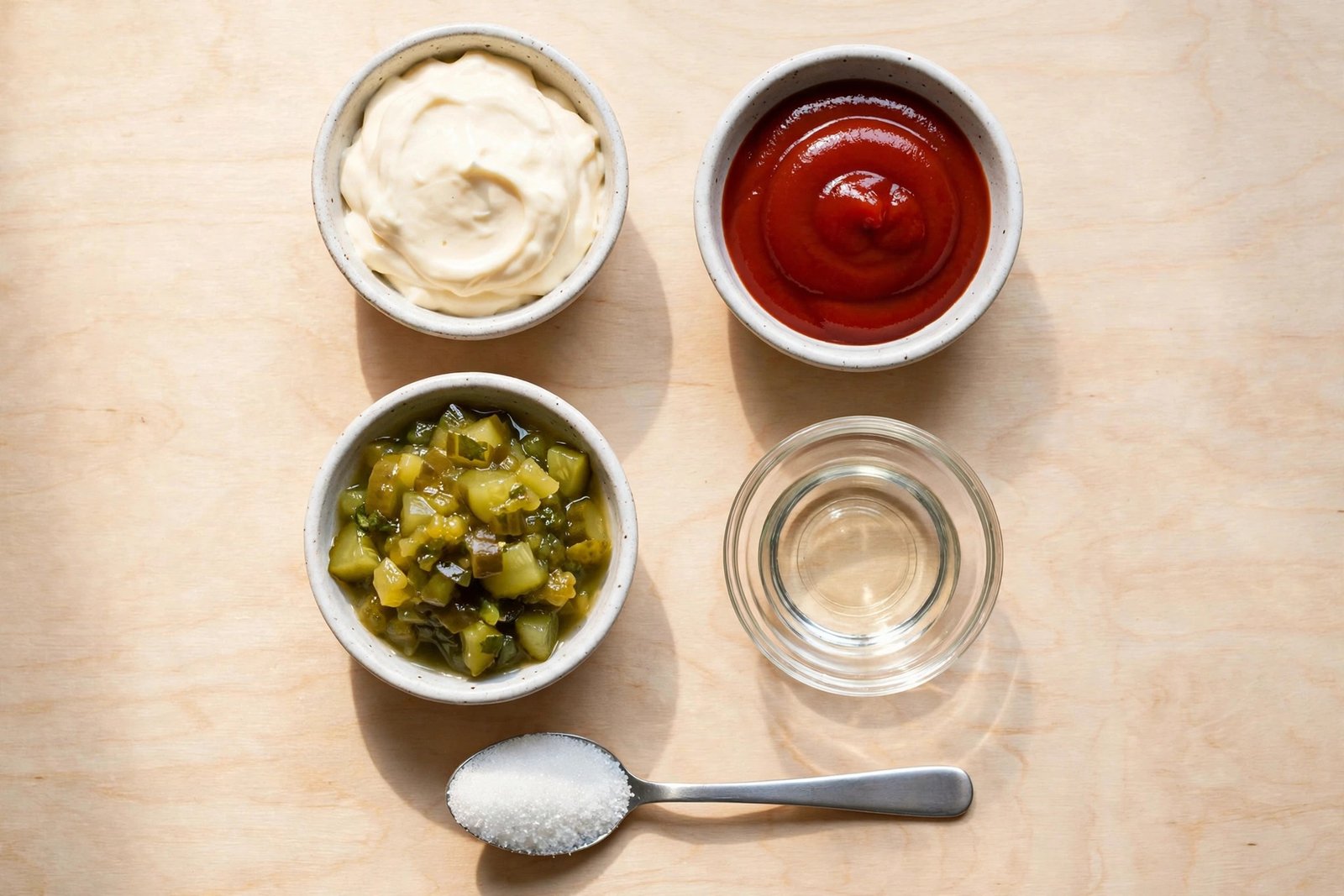 In-N-Out sauce ingredients flat lay - mayo ketchup relish vinegar sugar