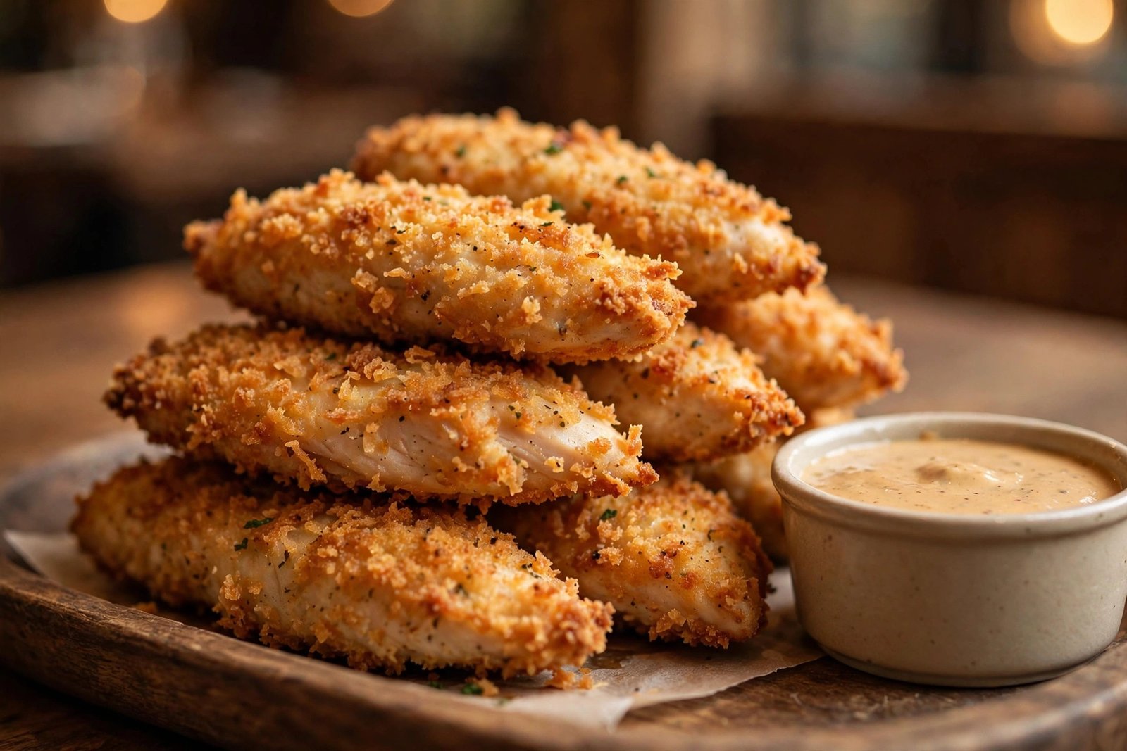 Is Raising Cane's Halal - close-up of golden crispy chicken tenderloins with Cane's Sauce