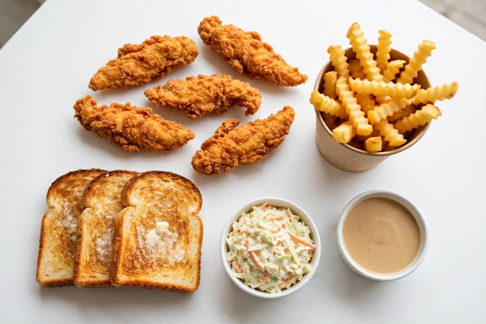 Is Raising Cane's Halal - full menu spread of chicken fingers, crinkle-cut fries, Texas toast, coleslaw and sauce