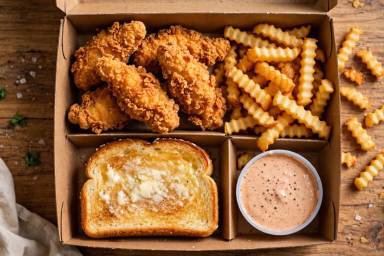 Is Raising Cane's worth the hype? Overhead view of a chicken tender combo box with crinkle-cut fries, Texas toast, and dipping sauce