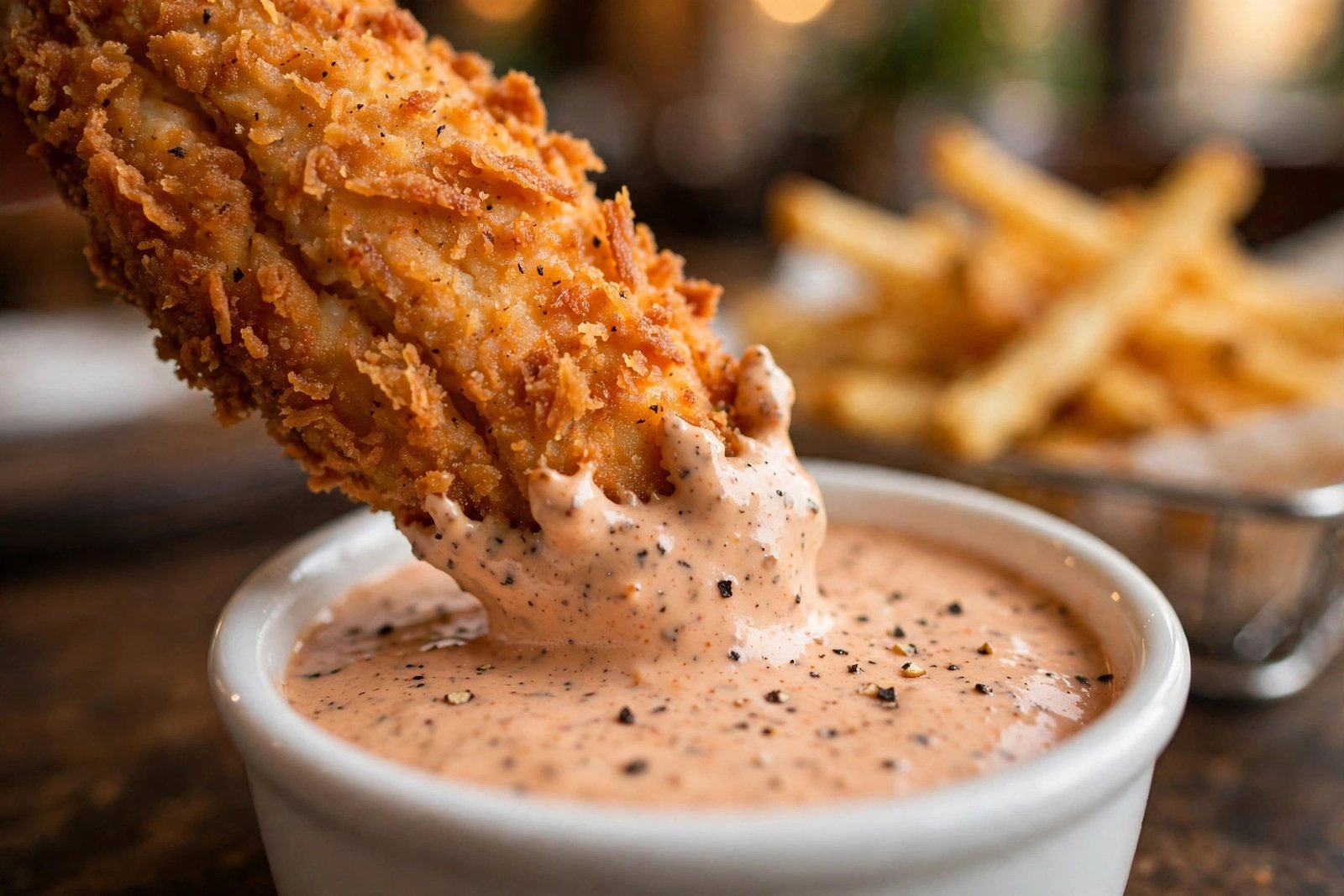 Is Raising Cane's worth the hype? Crispy chicken finger being dipped into a cup of creamy peppery Cane's Sauce