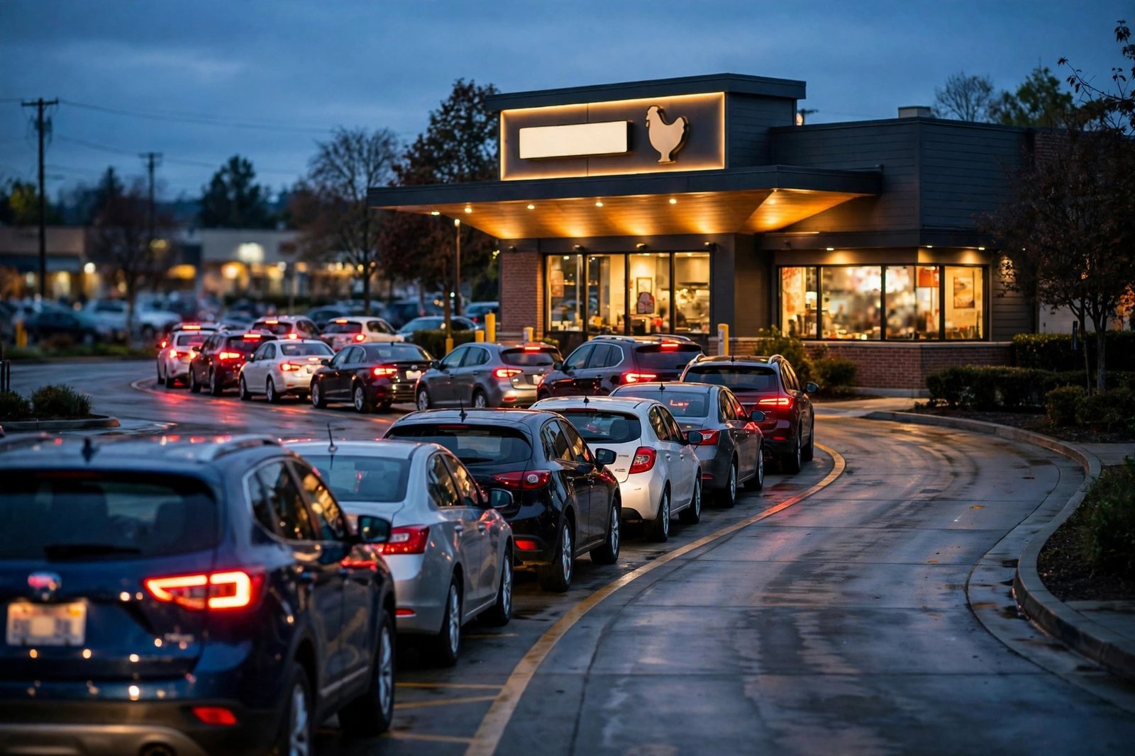 Is Raising Cane's worth the hype? Long line of cars in a chicken restaurant drive-thru at dusk