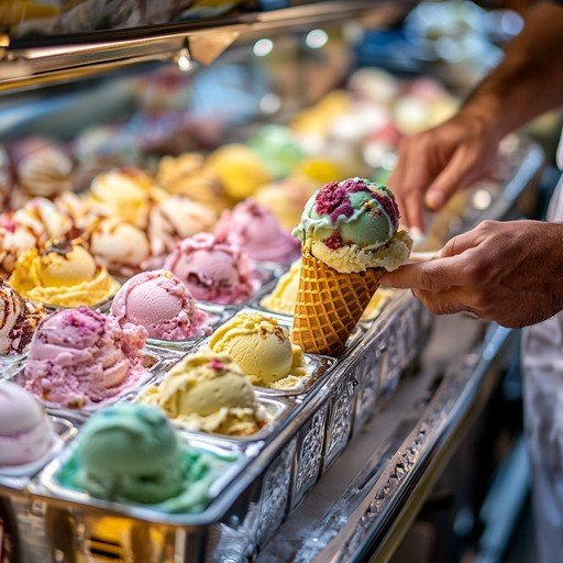 J P ice cream — colorful scoops of homemade ice cream in a shop display