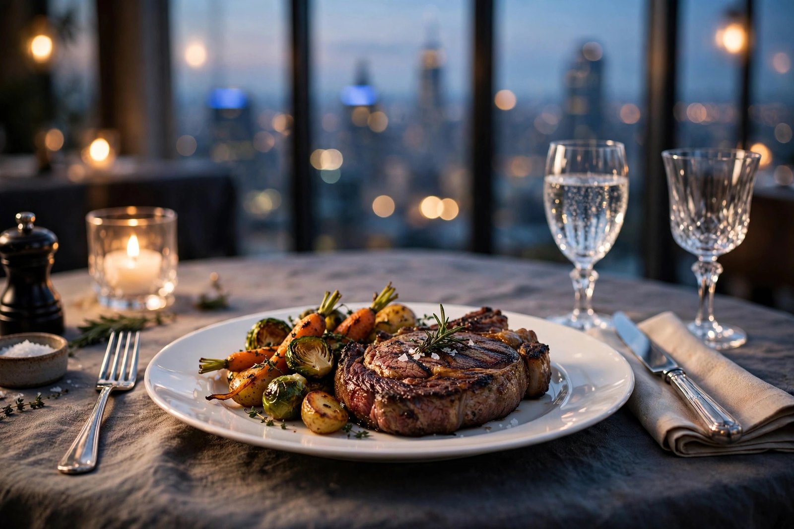 JW Steakhouse Dallas menu — steakhouse dinner table with Dallas skyline views