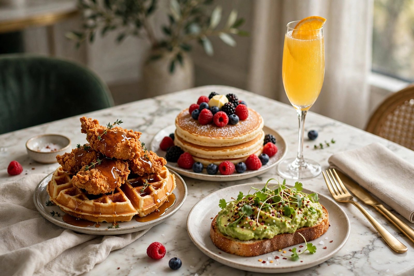 JW Steakhouse Dallas menu — weekend brunch spread with chicken and waffles