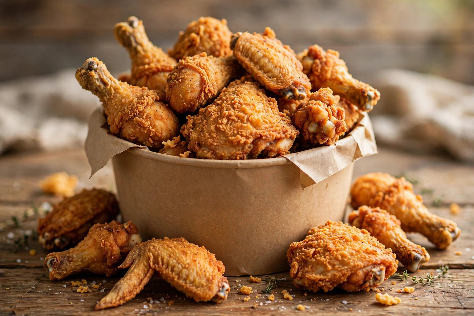 KFC nutritional value — crispy fried chicken pieces in a bucket