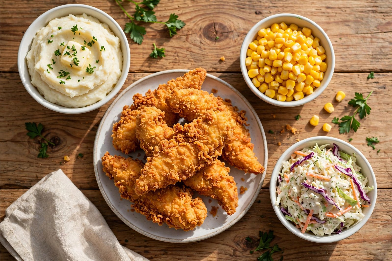 KFC nutritional value — chicken tenders with mashed potatoes, corn and coleslaw sides