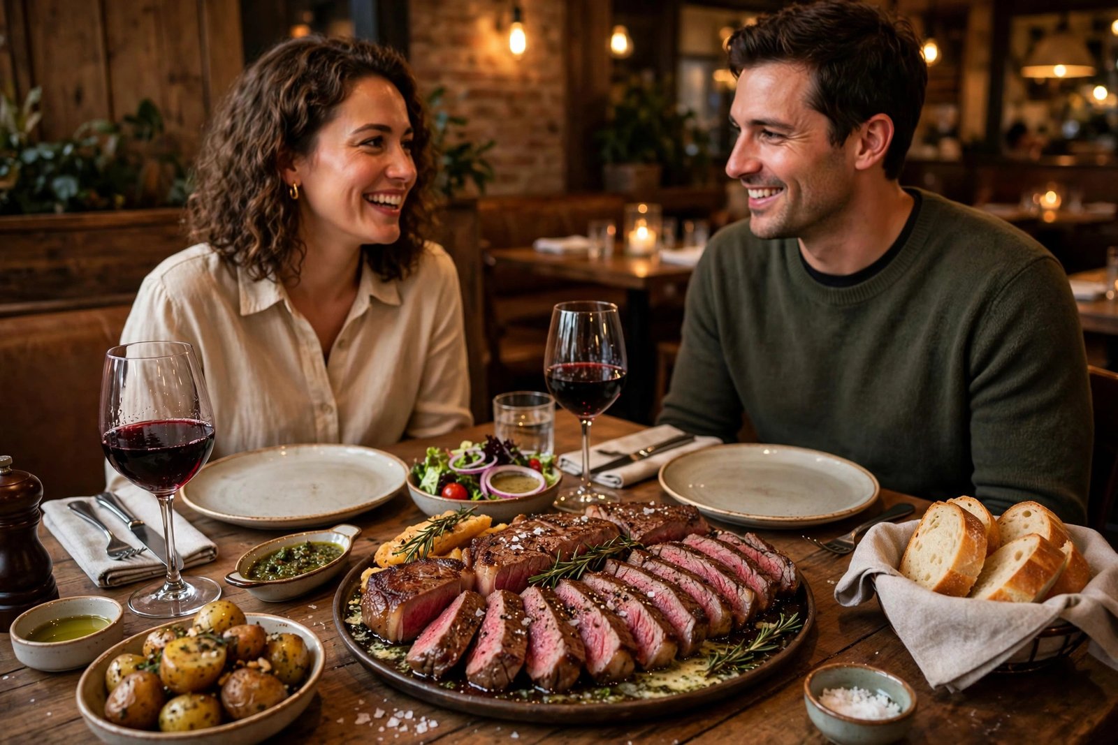 Largest steak at LongHorn — big steak sliced and shared at a dinner table