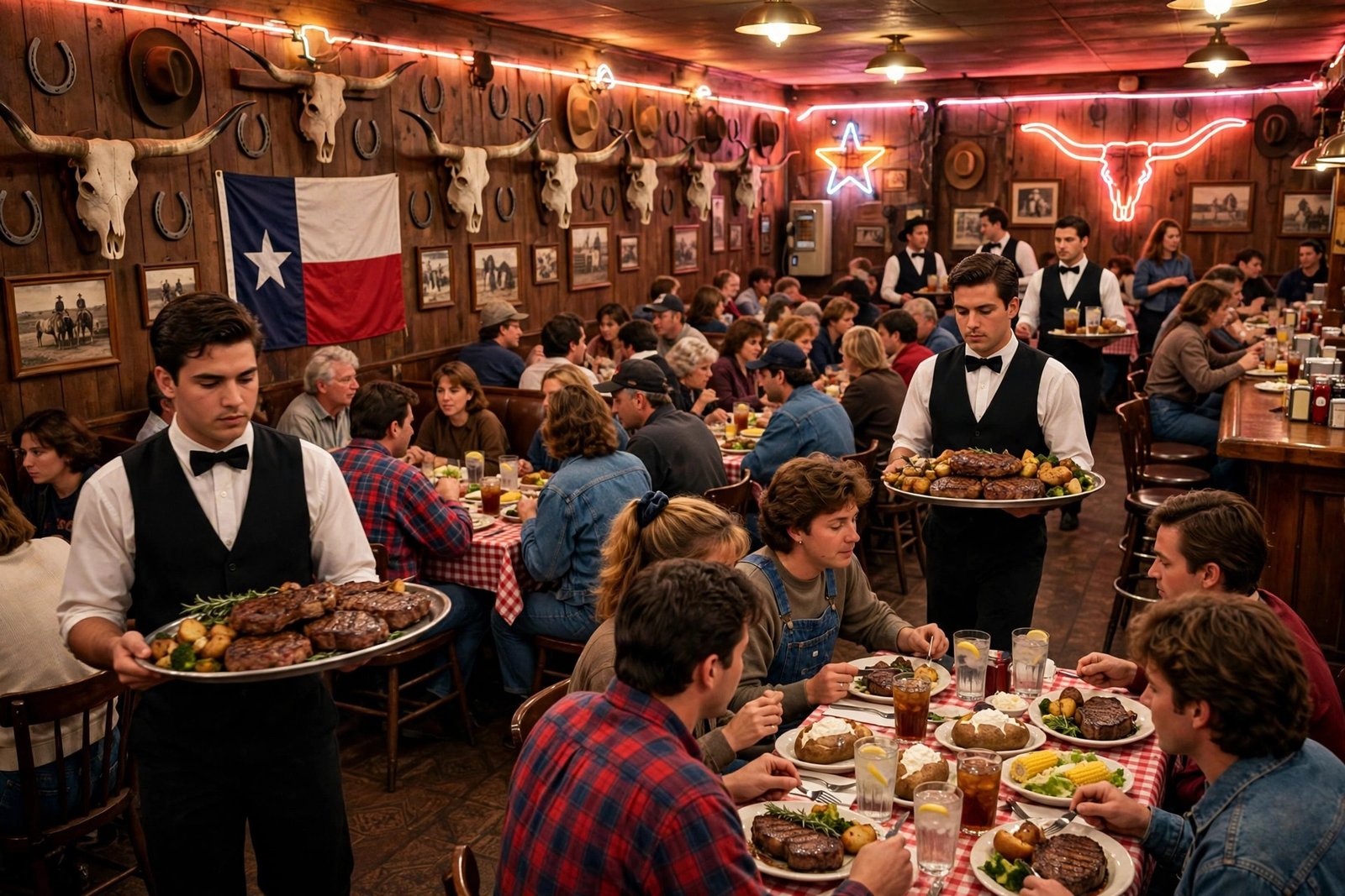 Lone Star Steakhouse in the 1990s — crowded Texas-themed steakhouse dining room at peak popularity