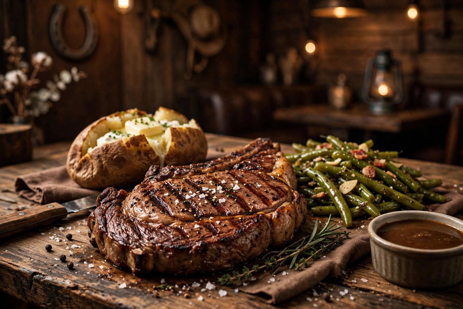 Lone Star Steakhouse menu with prices 2026 — mesquite-grilled ribeye steak dinner with baked potato