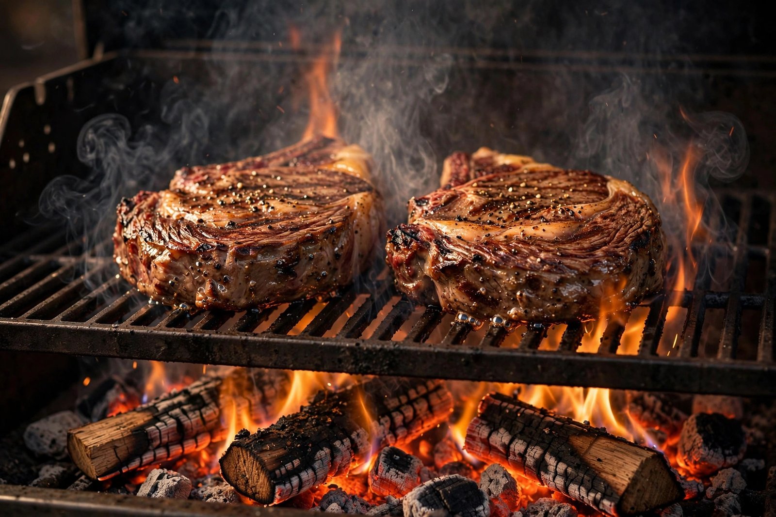 Lone Star Steakhouse mesquite-grilled steaks cooking over open flame and glowing coals