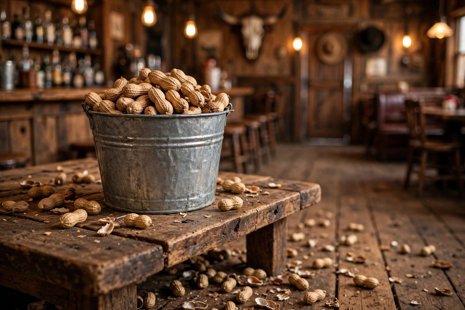 Lone Star Steakhouse peanuts on the floor — bucket of peanuts and shells in a Texas saloon-style steakhouse