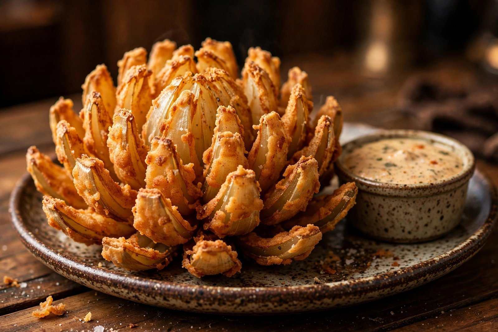 Lone Star Steakhouse Texas Rose — golden bloomed fried onion with seasoned dipping sauce