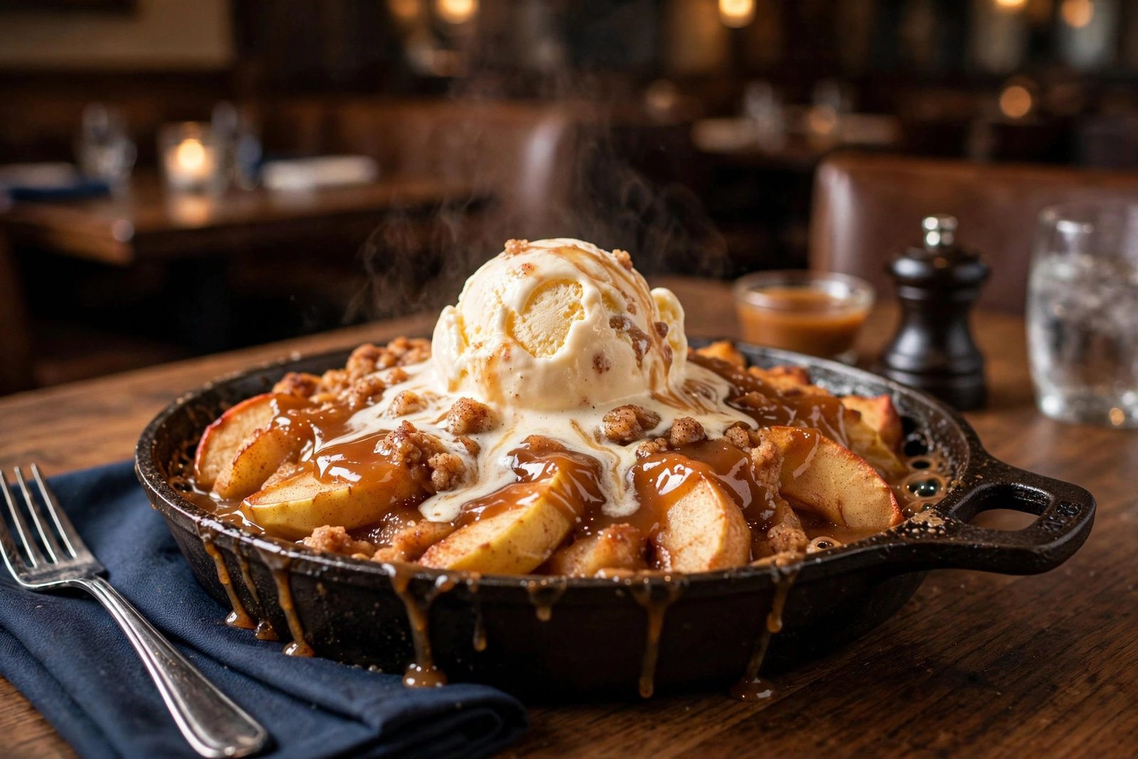 LongHorn dessert menu — warm caramel apple dessert with vanilla ice cream