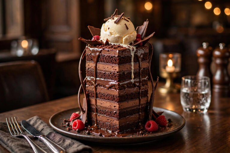 LongHorn dessert menu — chocolate dessert tower with vanilla ice cream