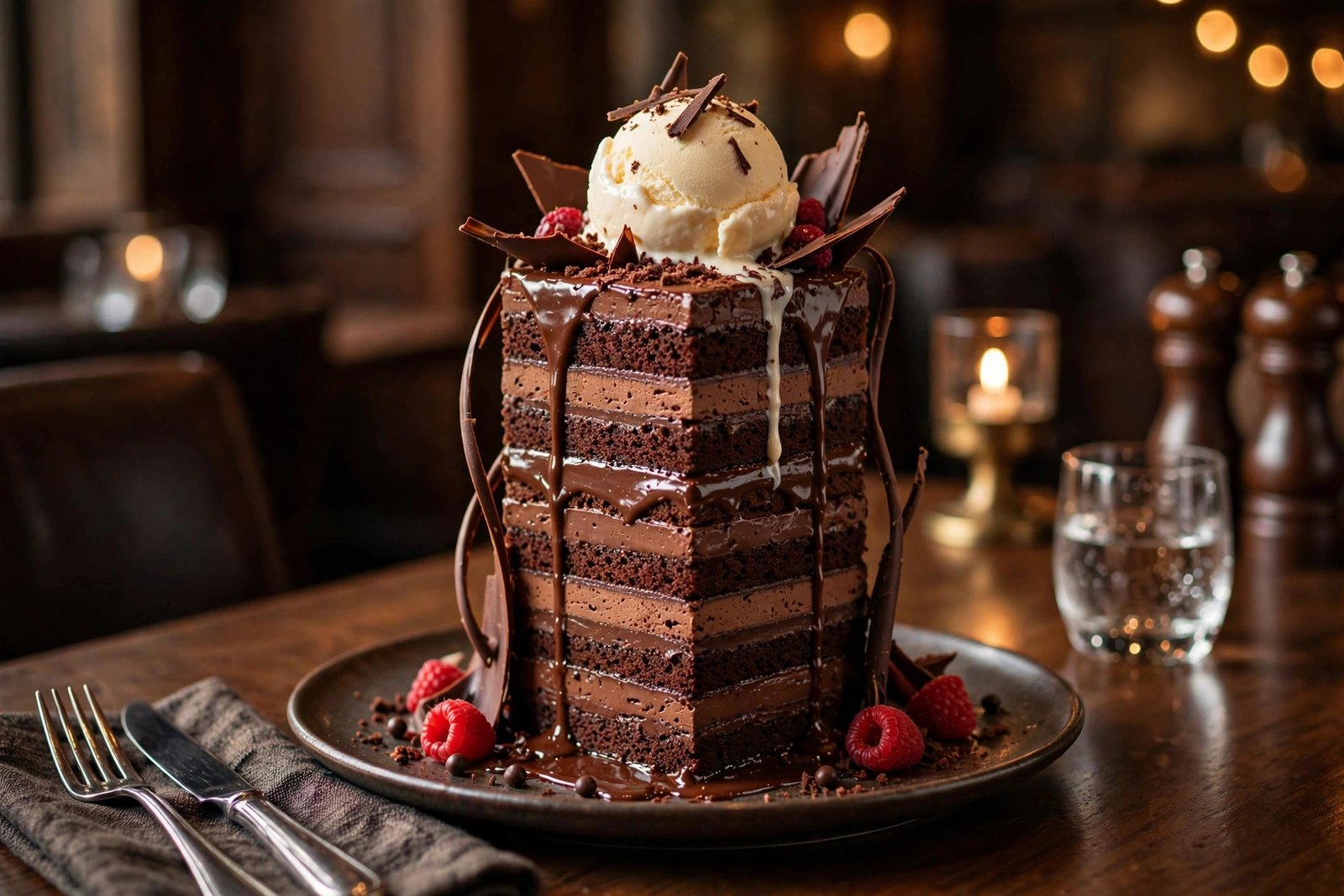 LongHorn dessert menu — chocolate dessert tower with vanilla ice cream