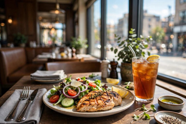 LongHorn early bird special — midday steakhouse lunch table with grilled chicken and iced tea