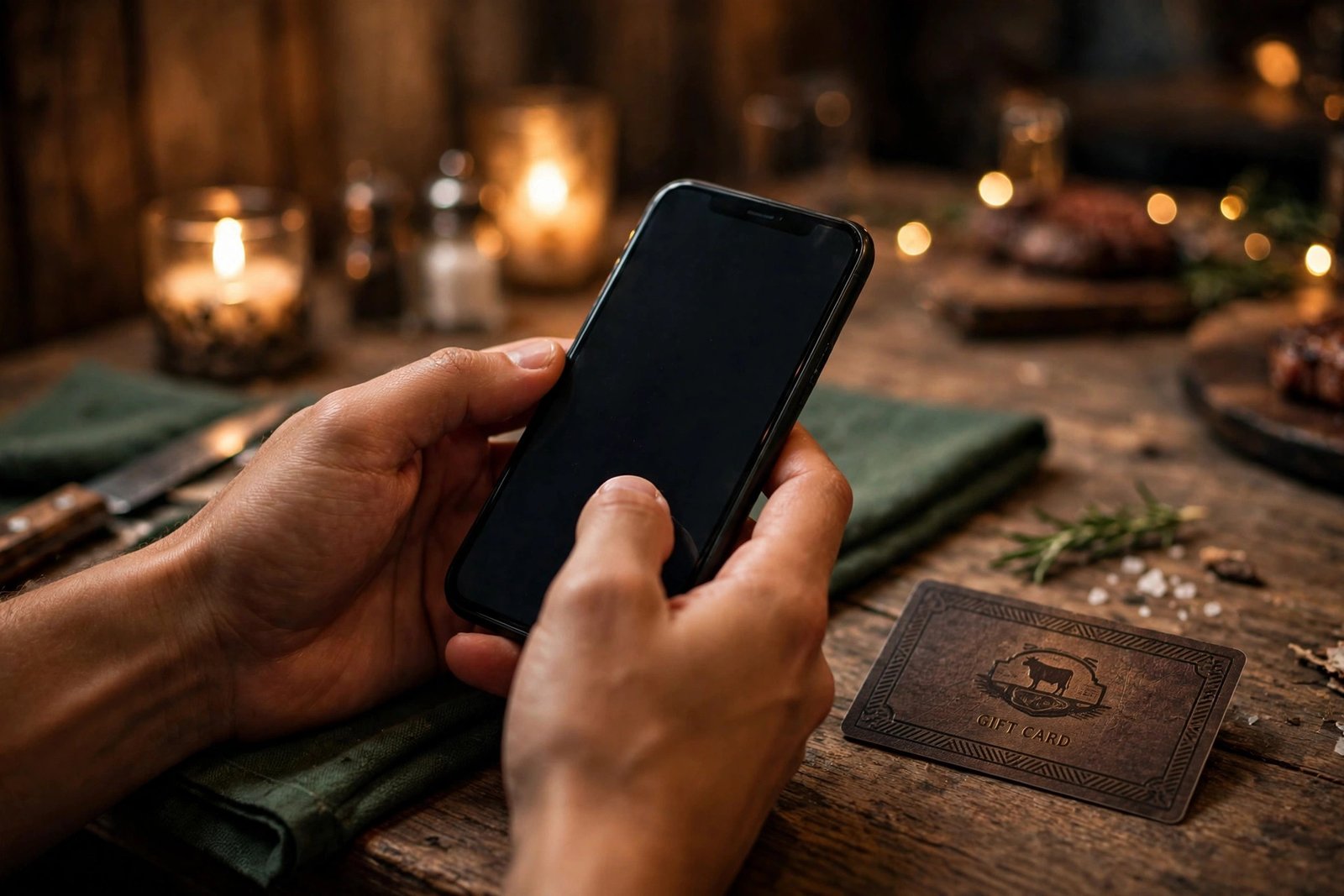 Check LongHorn gift card balance online — hands holding a phone next to a gift card at a steakhouse table