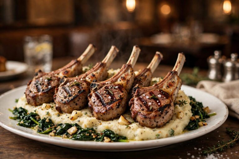 LongHorn lamb chops — grilled bone-in lamb chops over garlic mashed potatoes and wilted spinach