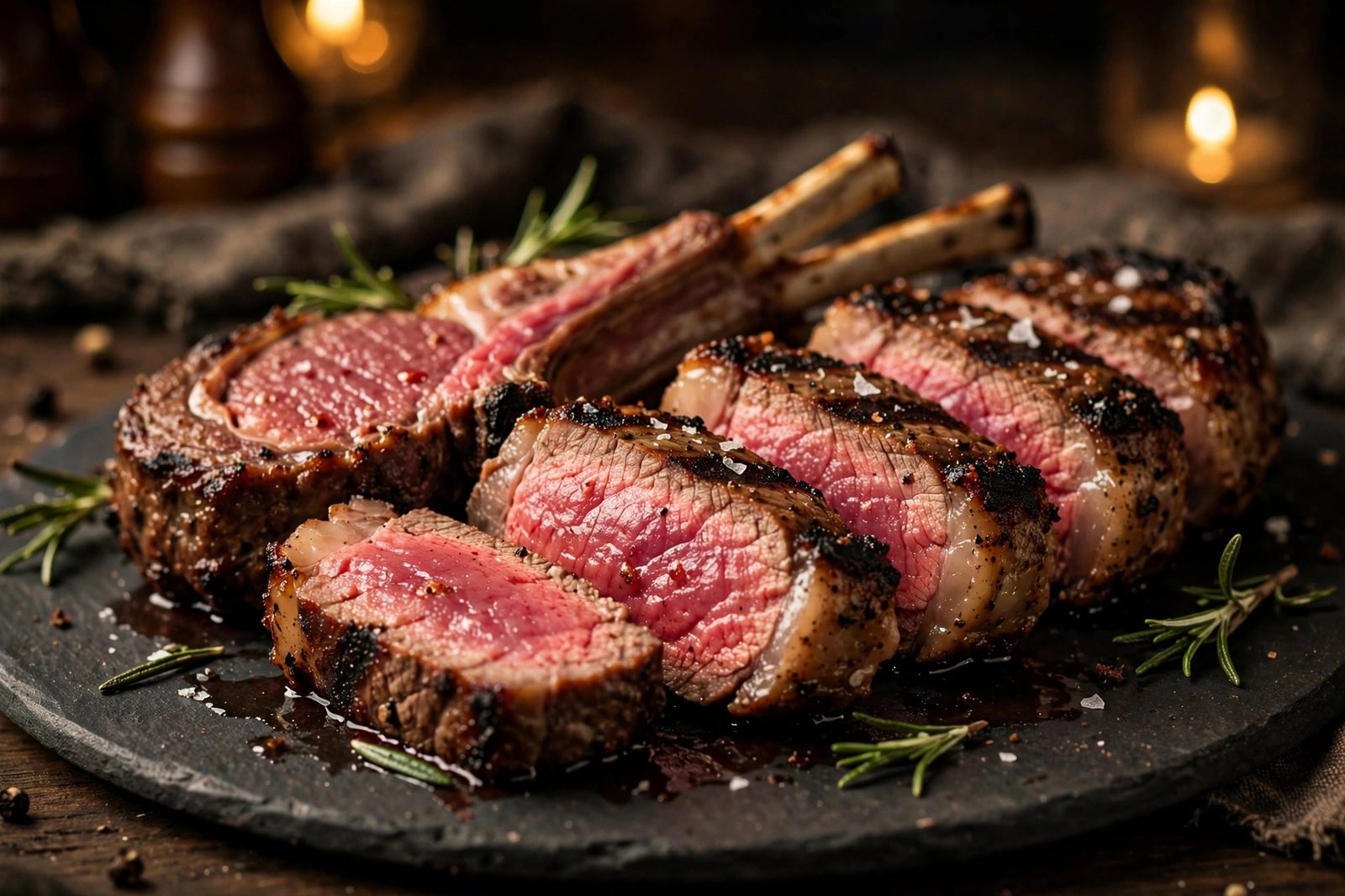 LongHorn lamb chops — sliced grilled lamb chop showing juicy medium-rare center