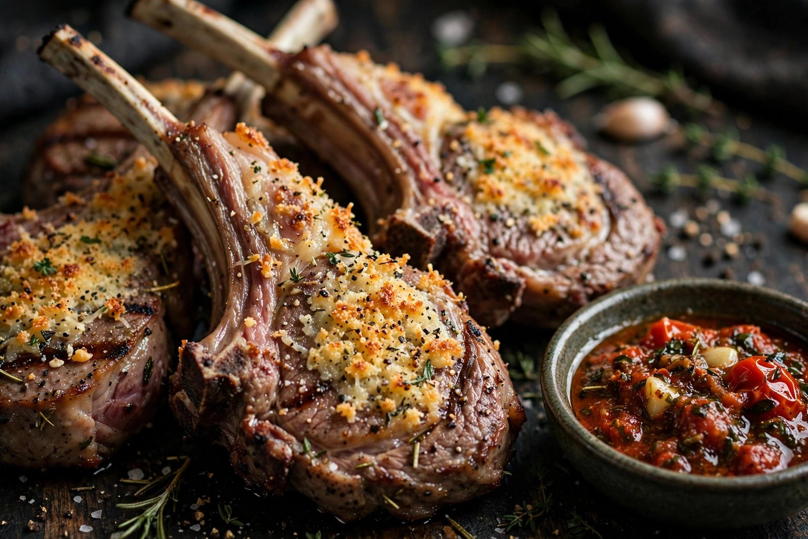 LongHorn lamb chops — parmesan crusted lamb chops with roasted tomato garlic-herb sauce