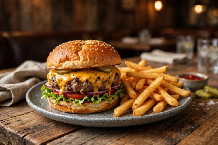 LongHorn lunch menu — steakhouse cheeseburger with fries on a wooden table