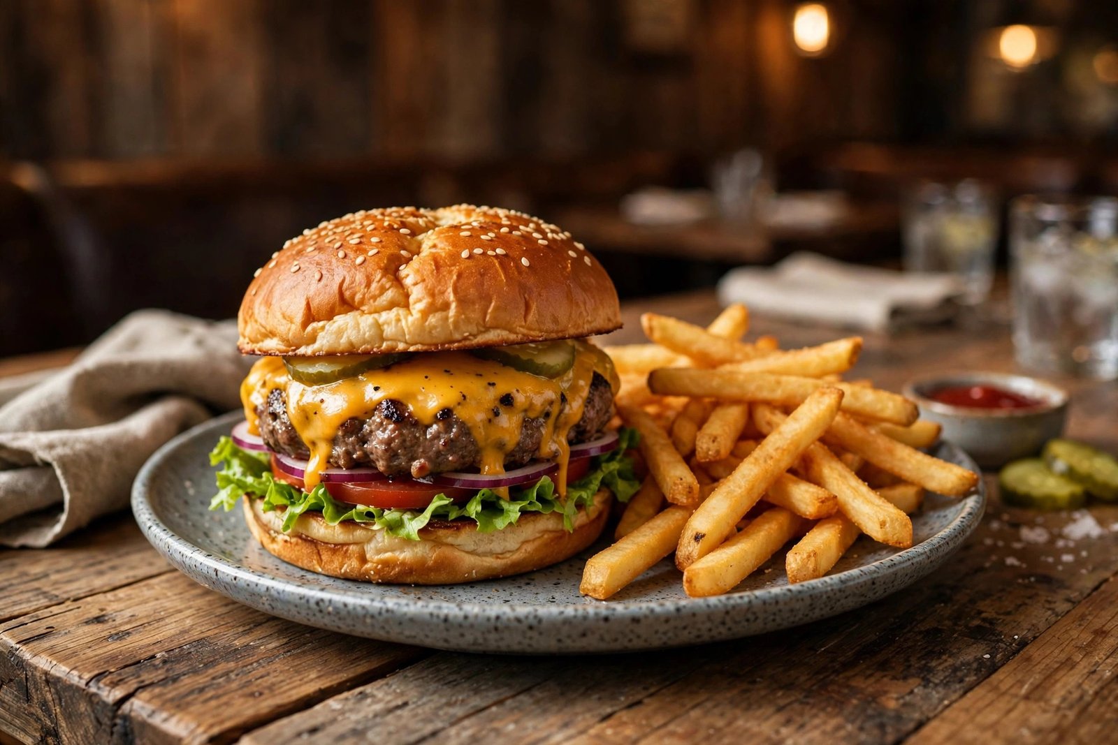 LongHorn lunch menu — steakhouse cheeseburger with fries on a wooden table