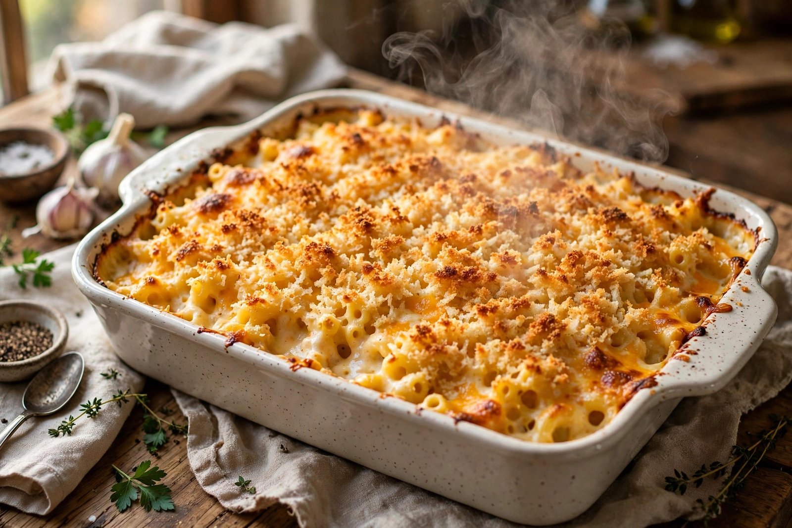 LongHorn mac and cheese copycat recipe baked golden with bacon panko topping