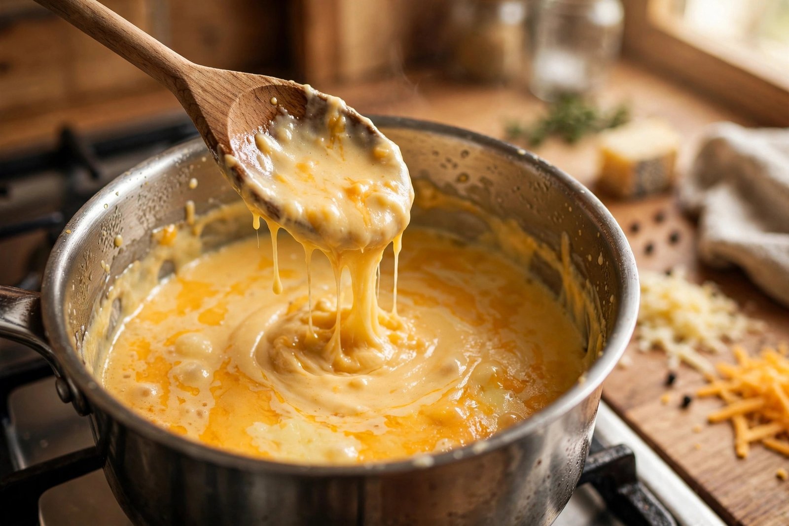 LongHorn mac and cheese copycat recipe — stirring the four-cheese sauce