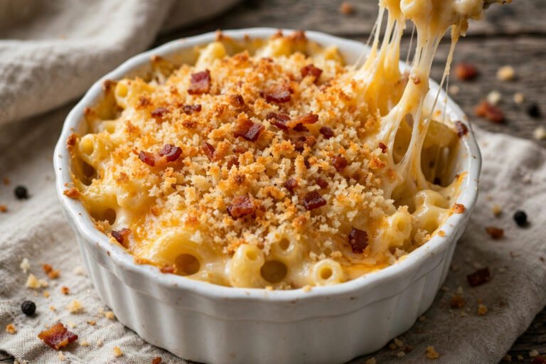 LongHorn mac and cheese copycat recipe — baked with bacon panko topping