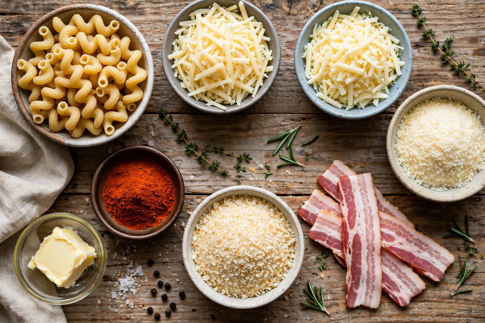LongHorn mac and cheese copycat recipe ingredients — four cheeses, cavatappi, bacon, panko